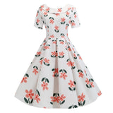 White 1950s Floral Bowknot Swing Dress