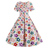 White 1950s Floral Bowknot Swing Dress