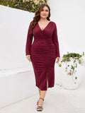 [Plus Size] 1960s Solid V-Neck Pleated Long Sleeve Dress