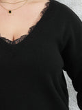 [Plus Size] Black V-Neck Lace Patchwork Knit Top