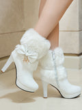 Retro Solid Furry Chunky Heel Short Boots