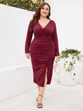 [Plus Size] 1960s Solid V-Neck Pleated Long Sleeve Dress