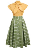 2PCS 1950s Bow Plaid Blouse & Skirt