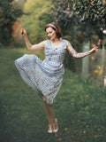 Blue 1940s Rose Plaid Lace Up Dress