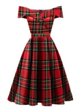 [Pre-Sale] Red 1950s Christmas Plaid Off-Shoulder Dress