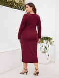 [Plus Size] 1960s Solid V-Neck Pleated Long Sleeve Dress