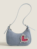 Denim Blue Heart Rhinestone Underarm Bag