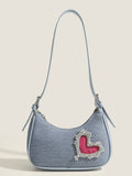 Denim Blue Heart Rhinestone Underarm Bag