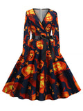 1950s Halloween Long Sleeve V-Neck Pumpkin Bow Dress