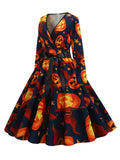 1950s Halloween Long Sleeve V-Neck Pumpkin Bow Dress