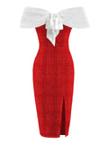[Pre-Sale] Red 1960s Plush Bow Pencil Dress With Cape