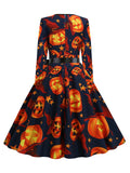 1950s Halloween Long Sleeve V-Neck Pumpkin Bow Dress