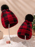Red & Black Plaid Hairball Knitted Parent Hat