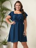 [Plus Size] 1950s Solid Ruffle Neck Off Shoulder Dress