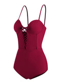 Wine Red 1960s Solid Spaghetti Strap One-piece Swimsuit