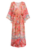 Red Floral Bohemian Lace-Up Cover Up