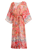 Red Floral Bohemian Lace-Up Cover Up