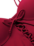 Wine Red 1960s Solid Spaghetti Strap One-piece Swimsuit