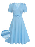 Blue 1950s Polka Dots Bow Swing Dress