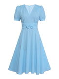 Blue 1950s Polka Dots Bow Swing Dress