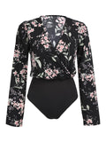 Black Floral V-Neck Vintage Bodysuit