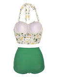[Plus Size] 1950s Floral Halter Lace-up Bikini Set