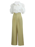 2PCS 1950s Ruffled Blouse & Solid Suspender Pants