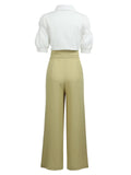 2PCS 1950s Ruffled Blouse & Solid Suspender Pants