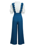 2PCS 1950s Ruffled Blouse & Solid Suspender Pants