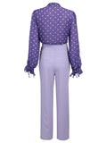 2PCS Purple Ploka Dots Sleeve Blouse & Solid Pants