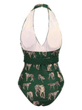[US Warehouse] Green Jaguar Vintage Halter One-piece Swimsuit