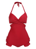 2PCS 1960s Red Butterfly Halter One-piece Swimsuit