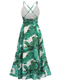 Green Banana Leaves Strap Lace-up Vintage Dress