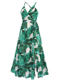 Green Banana Leaves Strap Lace-up Vintage Dress