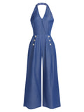 Blue 1930s Button Halter Solid Jumpsuit
