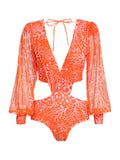 Orange Floral Lace-up One-piece Swimsuit