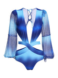 Blue Solid Puff Sleeves One-piece Swimsuit