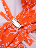 Orange Floral Lace-up One-piece Swimsuit