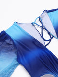 Blue Solid Puff Sleeves One-piece Swimsuit