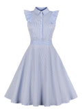Blue 1950s Ruffles Button Swing Dress