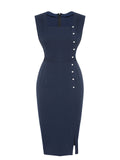 Navy Blue 1960s Decorative Button Pencil Dress