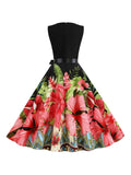 Black V-Neck Floral Bow Dress