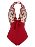 [US Warehouse] Wine Red 1950s Floral Backless Swimsuit