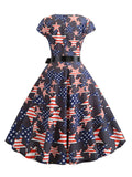 Navy 1950s Stars Patchwork Bowknot Dress