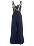 [US Warehouse] Navy Blue 1940s Flower Embroidery Jumpsuit