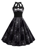 Black 1950s Halloween Spider Web Halter Dress