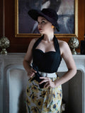 Black 1960s Halter Sunflower Pencil Dress