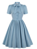 Blue 1950s Bowknot Button Dress