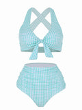 2PCS Light Blue Plaid Halter Neck Swimsuit