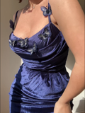 Blue 1960s 3D Butterfly Velvet Pencil Dress